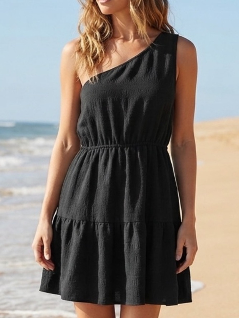 Chic One-Shoulder Black Tiered Summer Dress